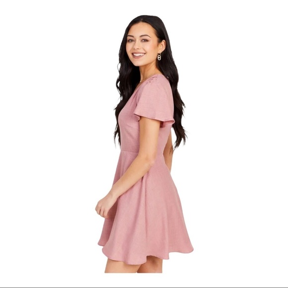 Altar’d State Garner Spring Dress Dusty Rose Flutter Sleeves V- Neck Fit & Flare - Picture 6 of 9